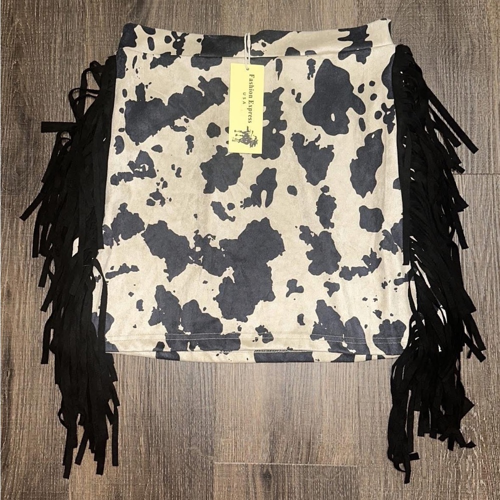 NWT Cow Print Fringe Skirt